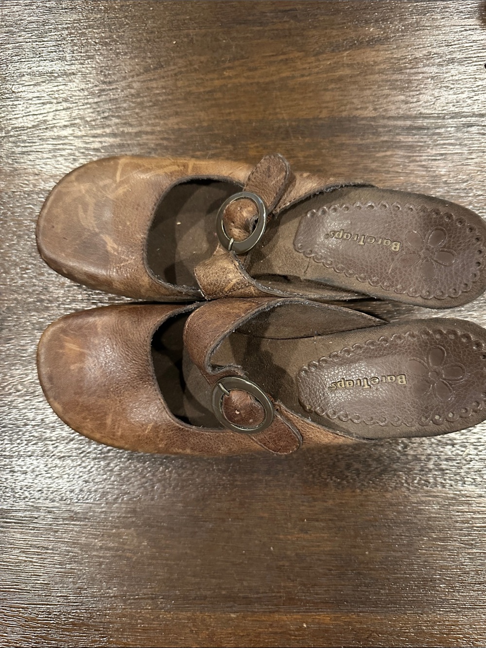 BareTraps Brown Leather Mary Jane Clogs with Round Buckle